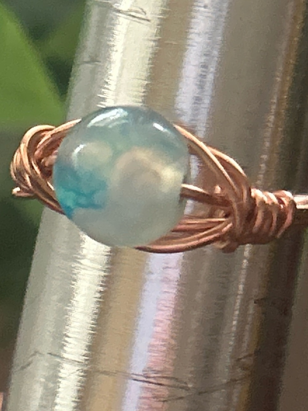 Handmade dyed blue agate wire wrapped crystal ring size 6.5
